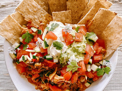 Vegetarian Jackfruit nachos in a bowl