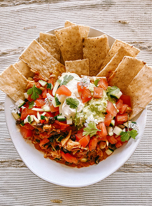 Vegetarian Jackfruit nachos in a bowl